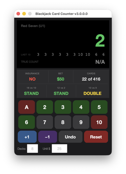 Active counting — running count +2, bet $50, STAND and DOUBLE hints